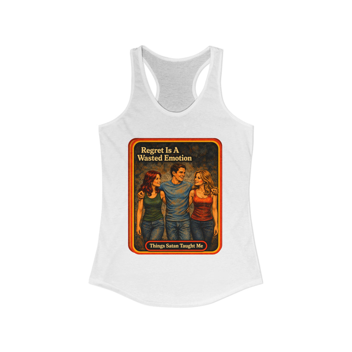 Regret Is A Wasted Emotion Racerback Tank in White, view 2