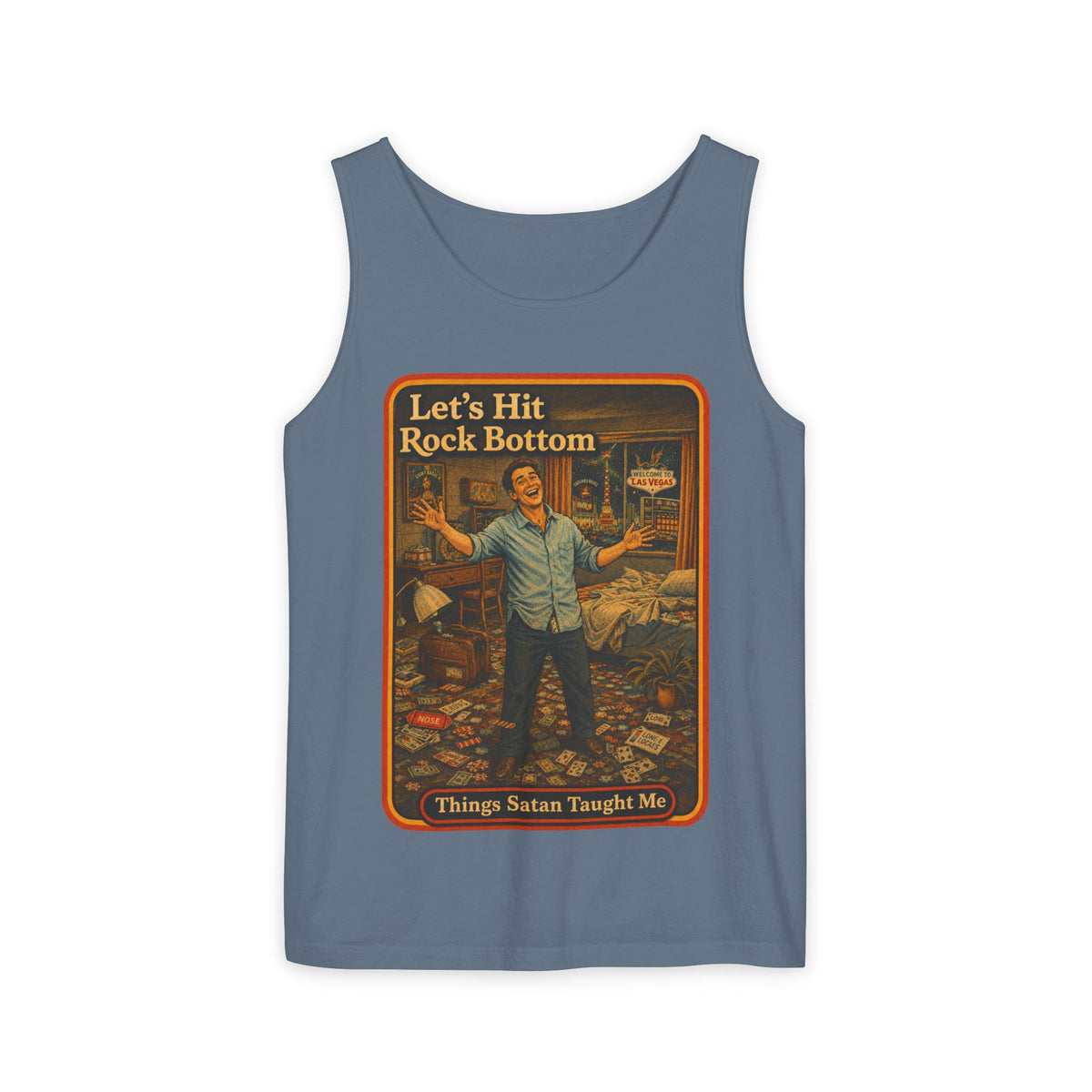 Let's Hit Rock Bottom Wife Beater in Blue Jean, front