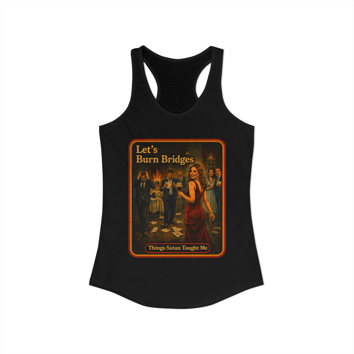 Let's Burn Bridges Racerback Tank in Black, view 2