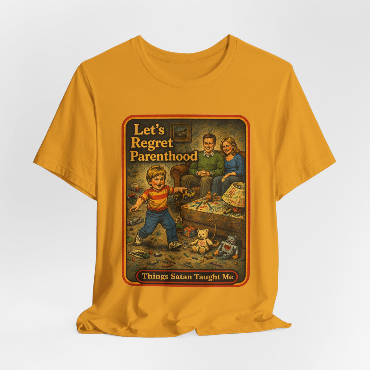 Let's Regret Parenthood Unisex Tee in Mustard, view 4