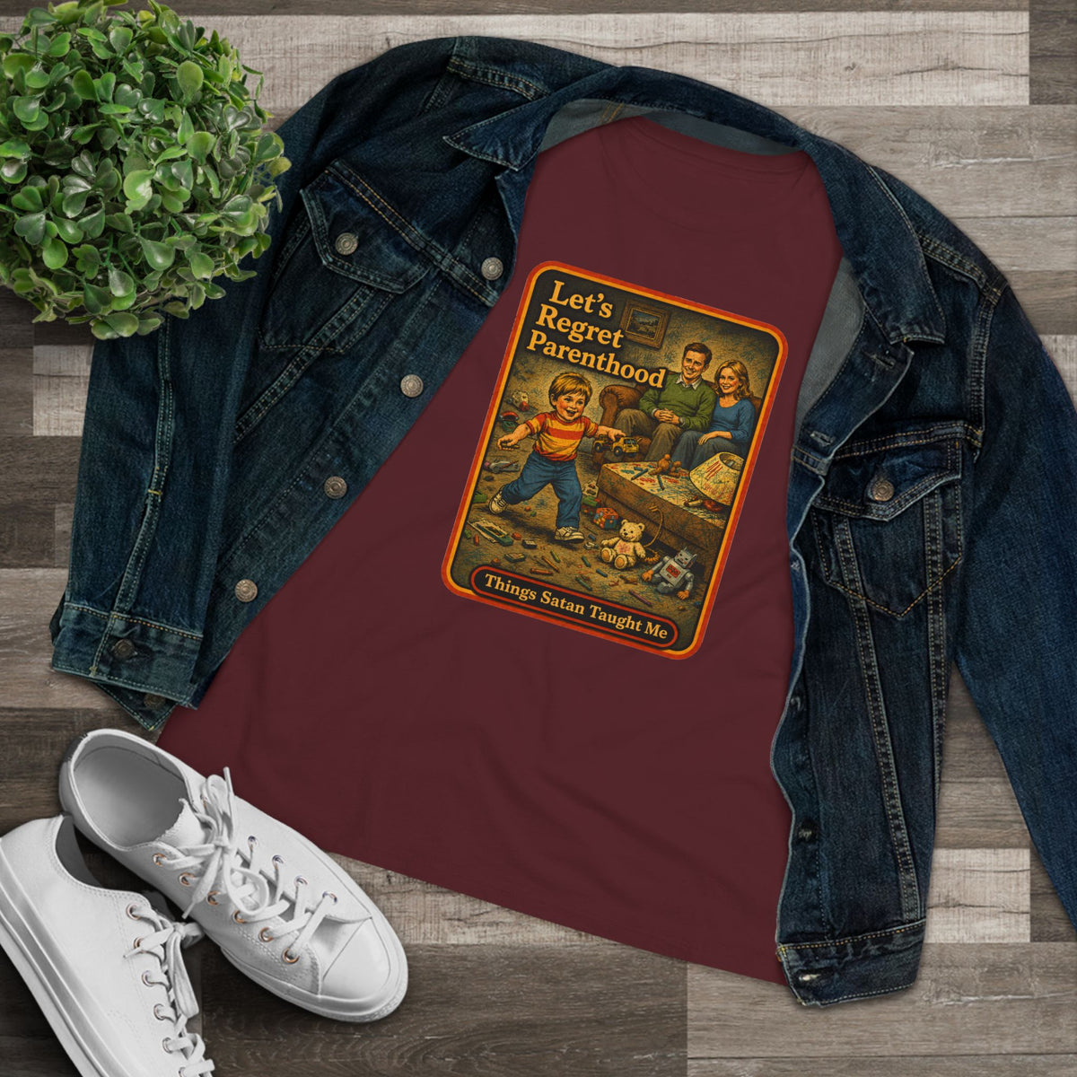 Let's Regret Parenthood Women's Tee in Maroon, view 3