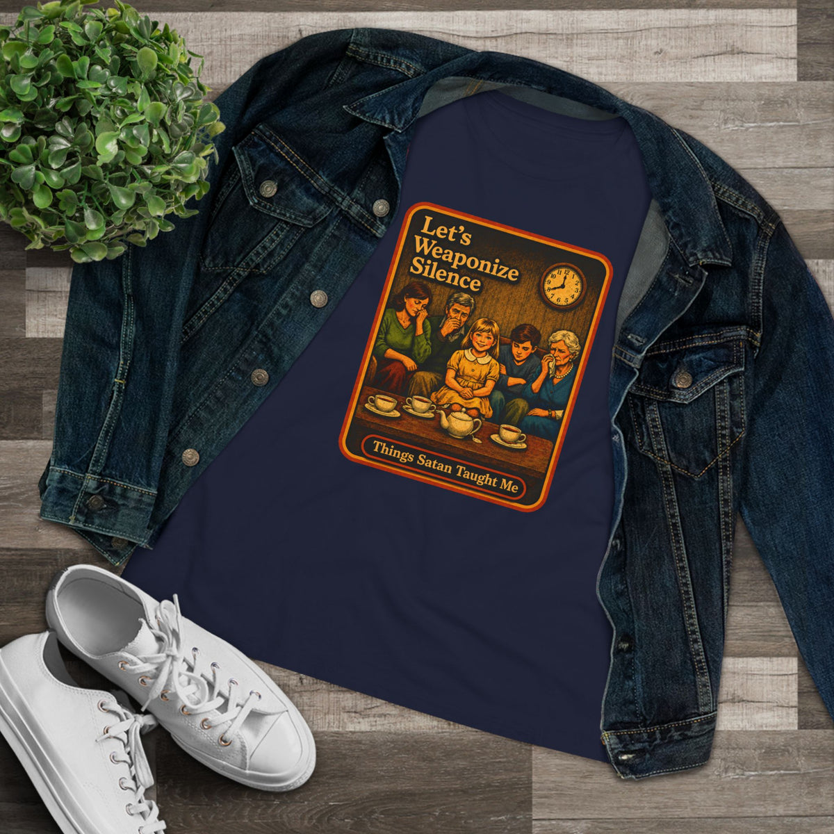 Let's Weaponize Silence Women's Tee in Navy, view 3