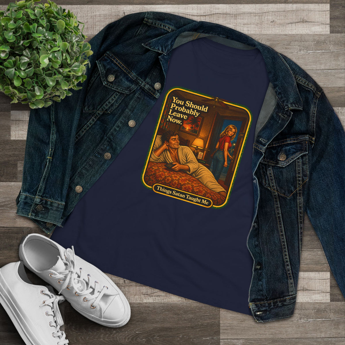 You Should Probably Leave Now Women's Tee in Navy, view 3