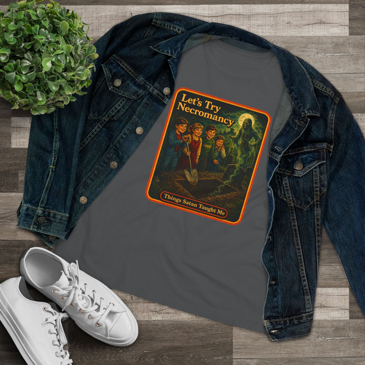 Let's Try Necromancy Women's Tee in Asphalt, view 3