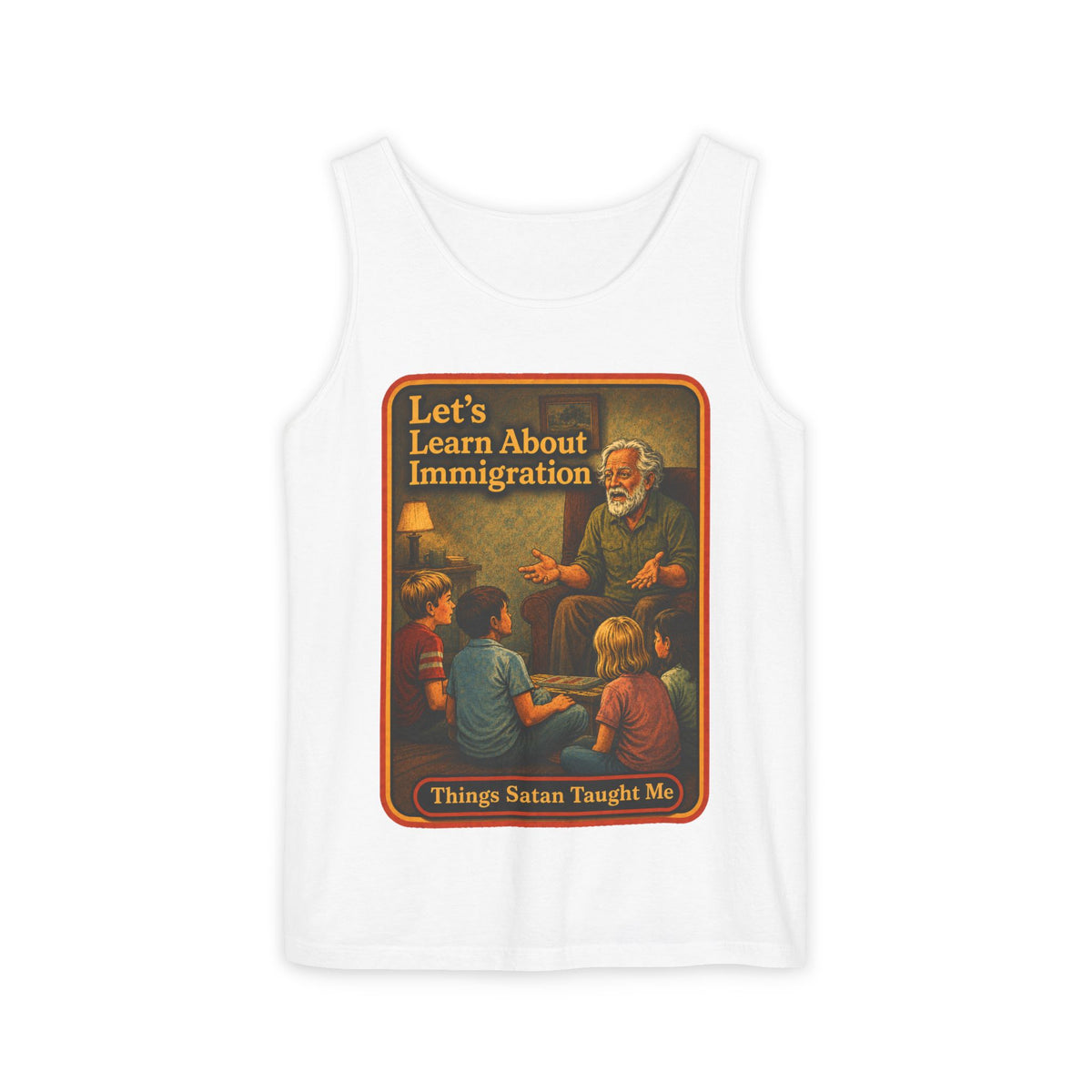 Let's Learn About Immigration Wife Beater in White, front