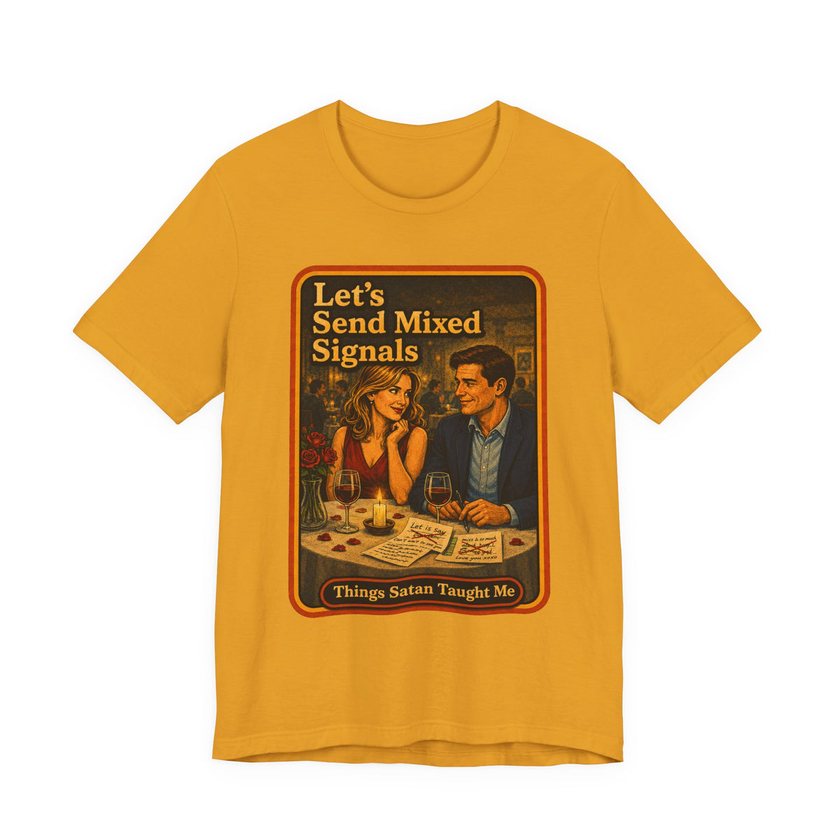 Let's Send Mixed Signals Unisex Tee in Mustard, front
