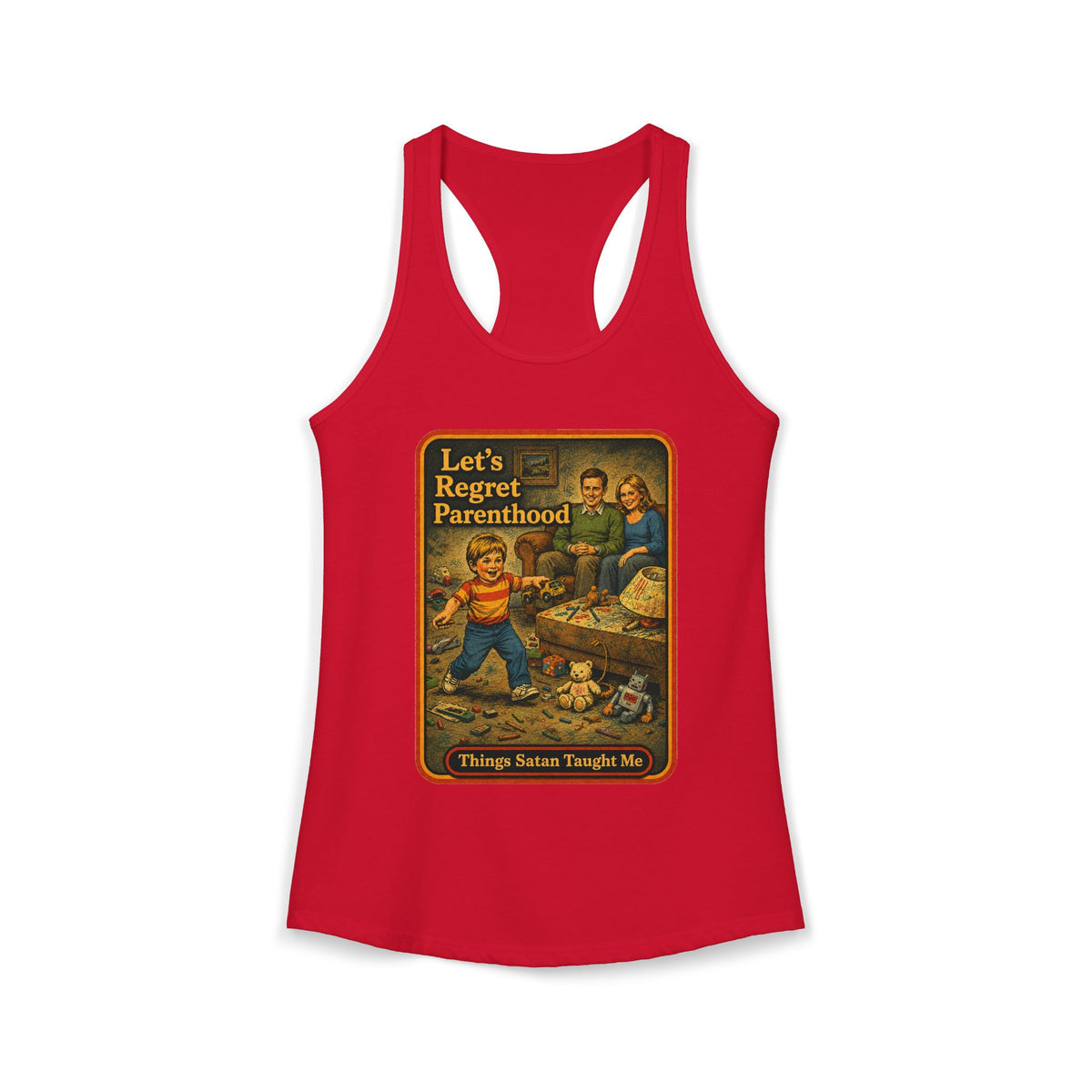 Let's Regret Parenthood Racerback Tank in Red, front