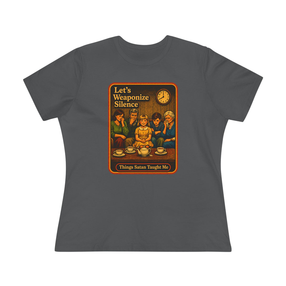 Let's Weaponize Silence Women's Tee in Asphalt, front