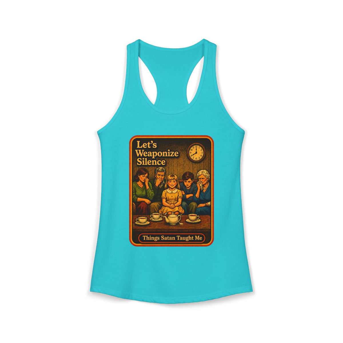 Let's Weaponize Silence Racerback Tank in Tahiti Blue, front