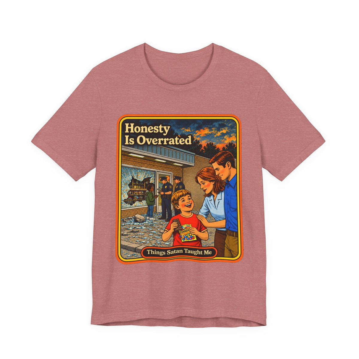 Honesty Is Overrated Unisex Tee in Heather Mauve, front