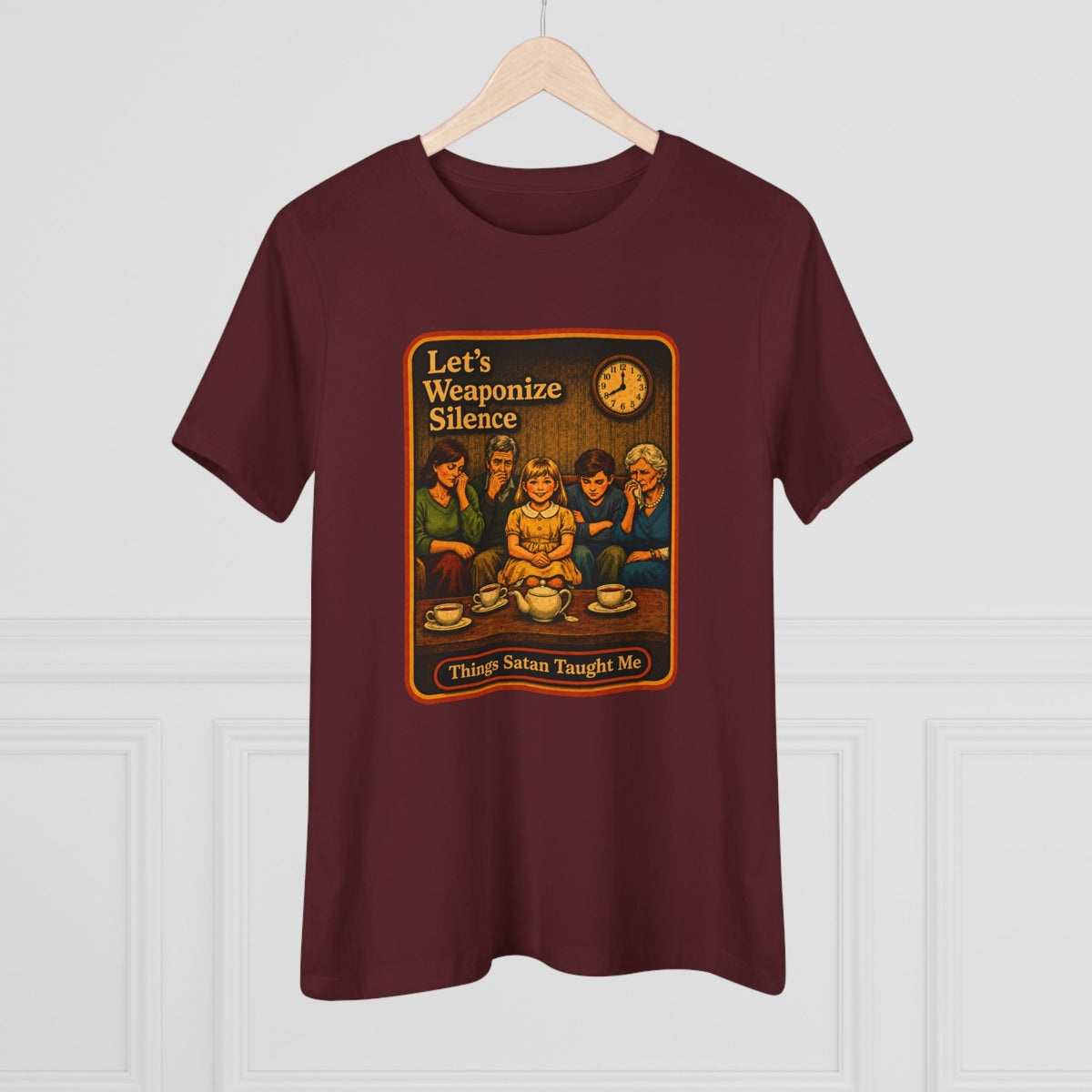 Let's Weaponize Silence Women's Tee in Maroon, view 4