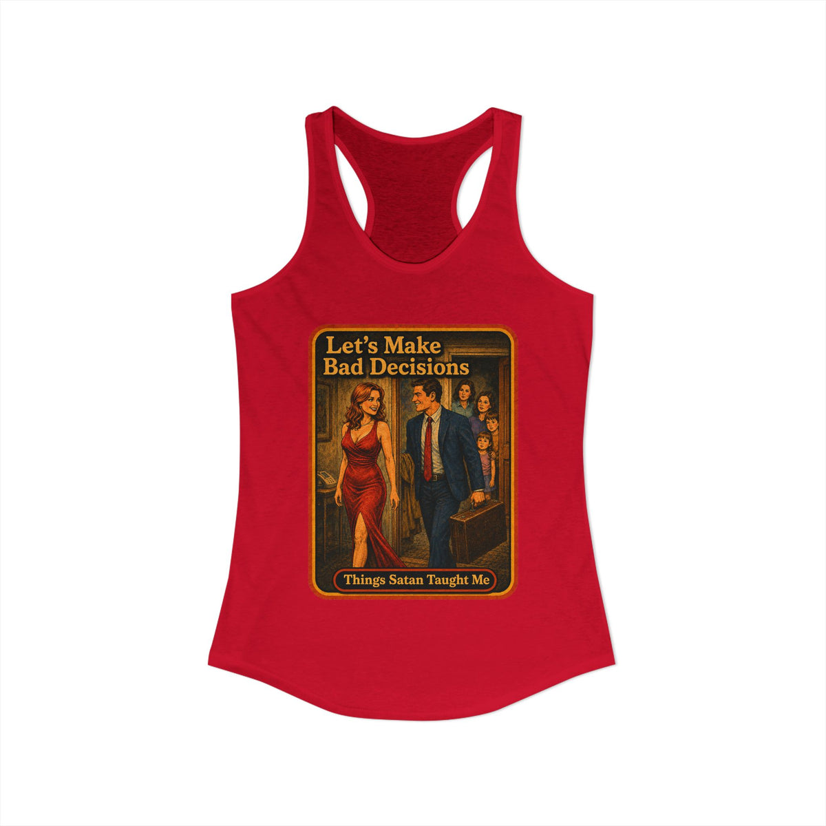 Let's Make Bad Decisions Racerback Tank in Red, view 2