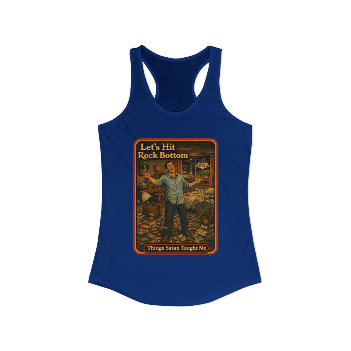 Let's Hit Rock Bottom Racerback Tank in Royal, view 2