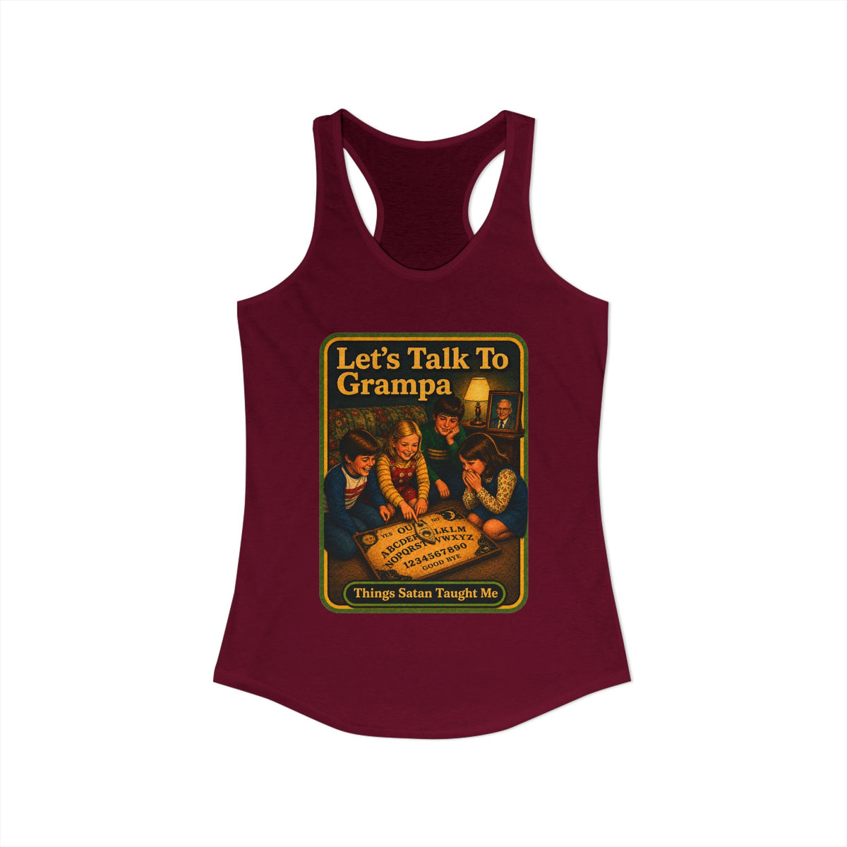Let's Talk To Grampa Racerback Tank in Cardinal Red, view 2
