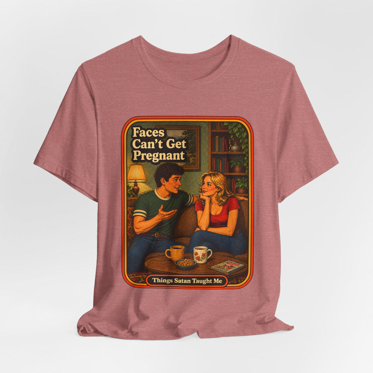 Faces Can't Get Pregnant Unisex Tee in Heather Mauve, view 4