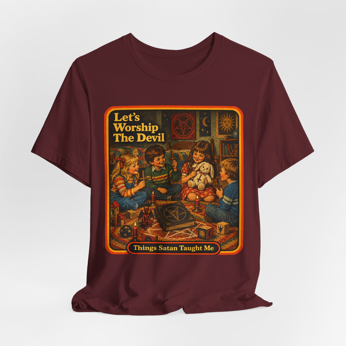 Let's Worship The Devil Unisex Tee in Maroon, view 4