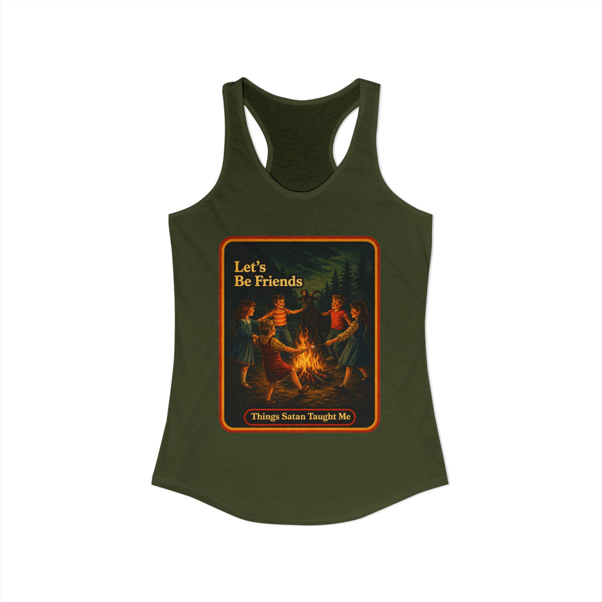 Let's Be Friends Racerback Tank in Military Green, view 2