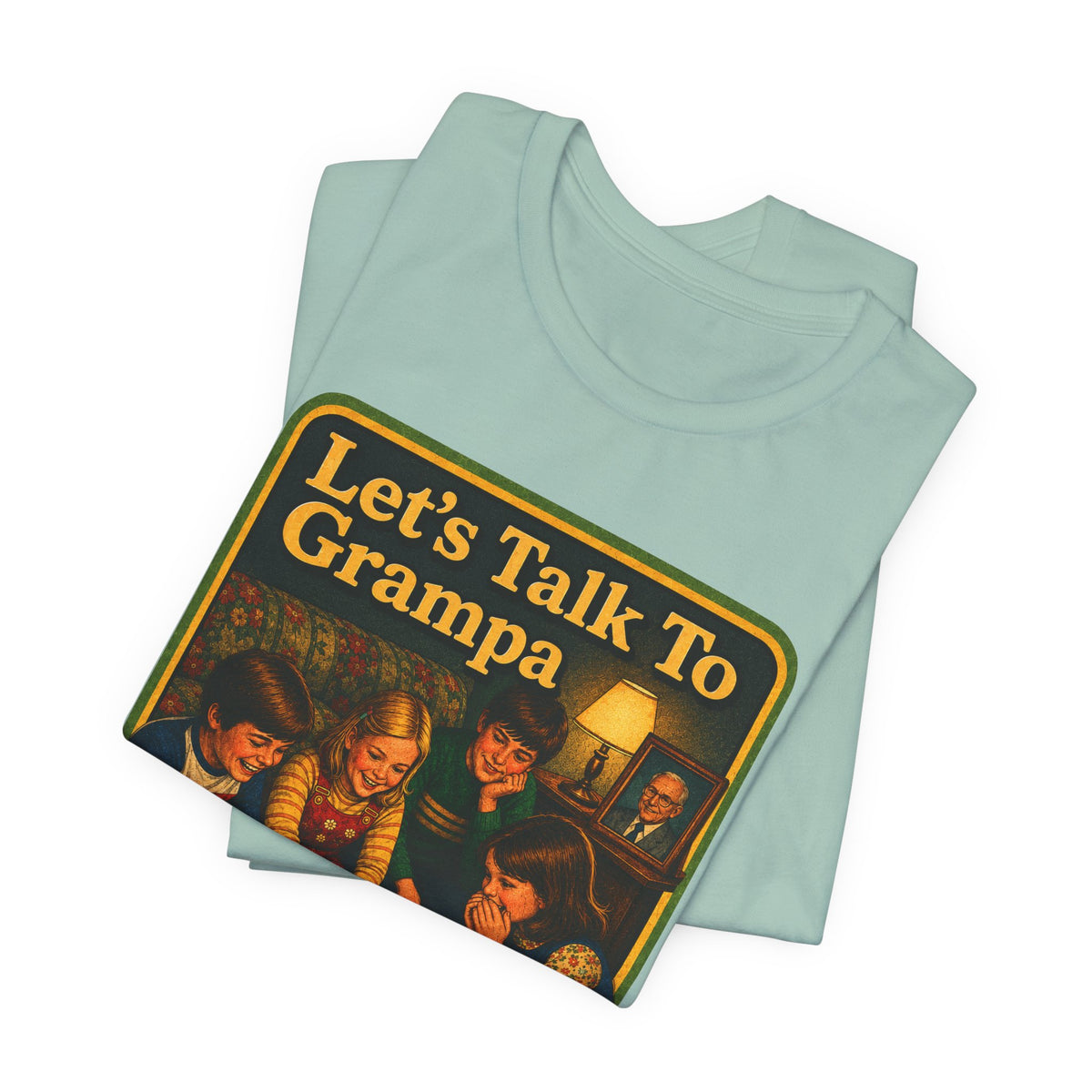 Let's Talk To Grampa Unisex Tee in Dusty Blue, view 3