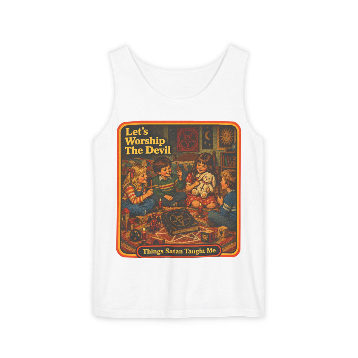 Let's Worship The Devil Men's Wife Beater | Things Satan Taught Me in White, front