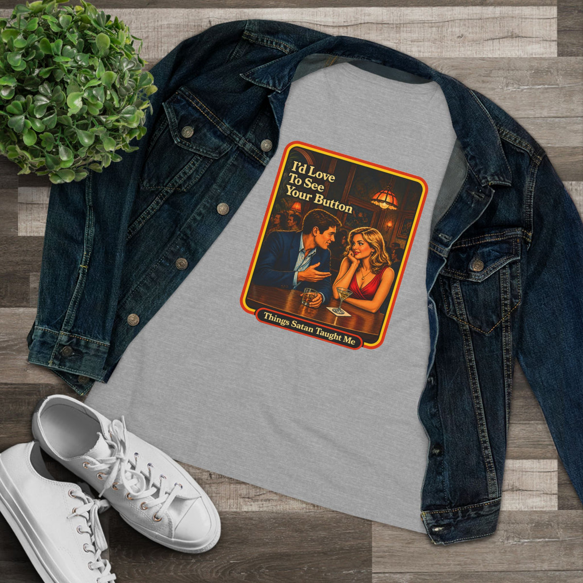 I'd Love To See Your Button Women's Tee in Athletic Heather, view 3