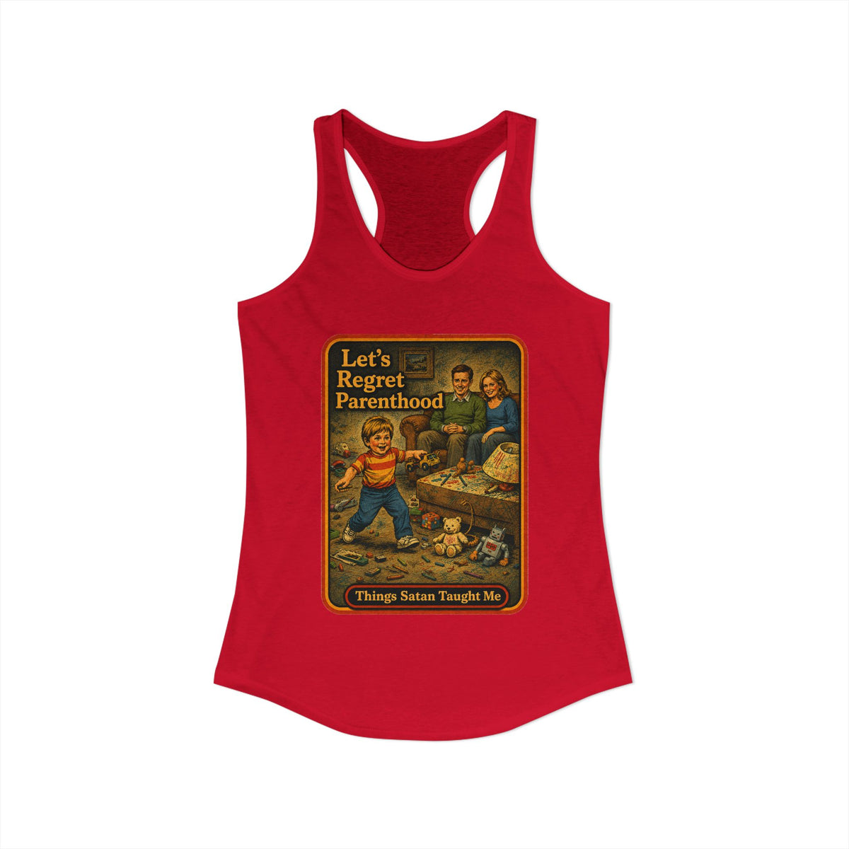 Let's Regret Parenthood Racerback Tank in Red, view 2