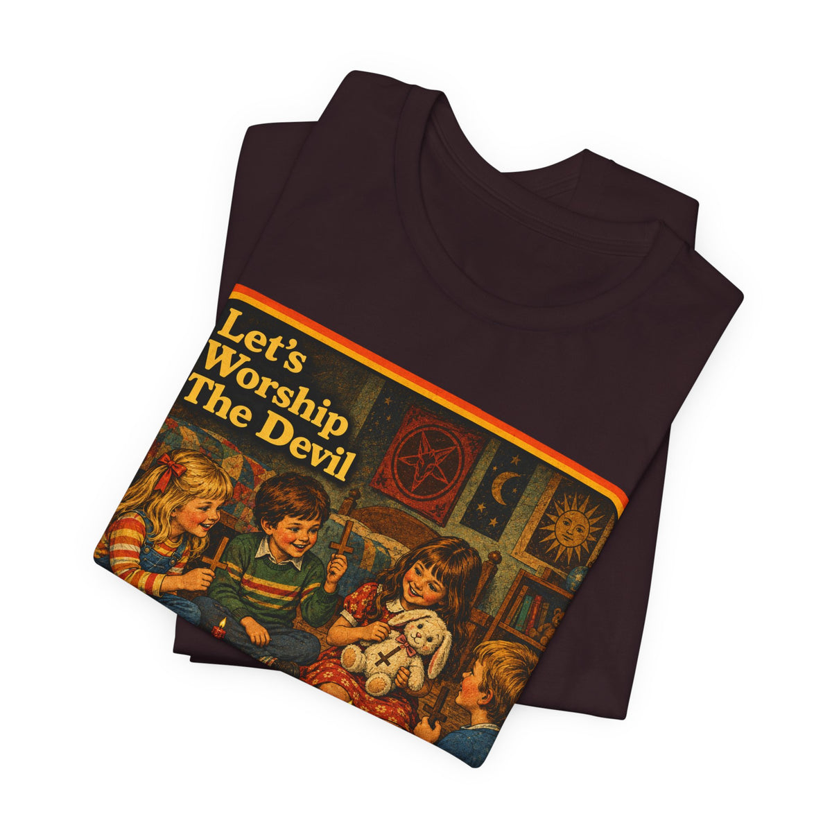 Let's Worship The Devil Unisex Tee in Oxblood Black, view 3