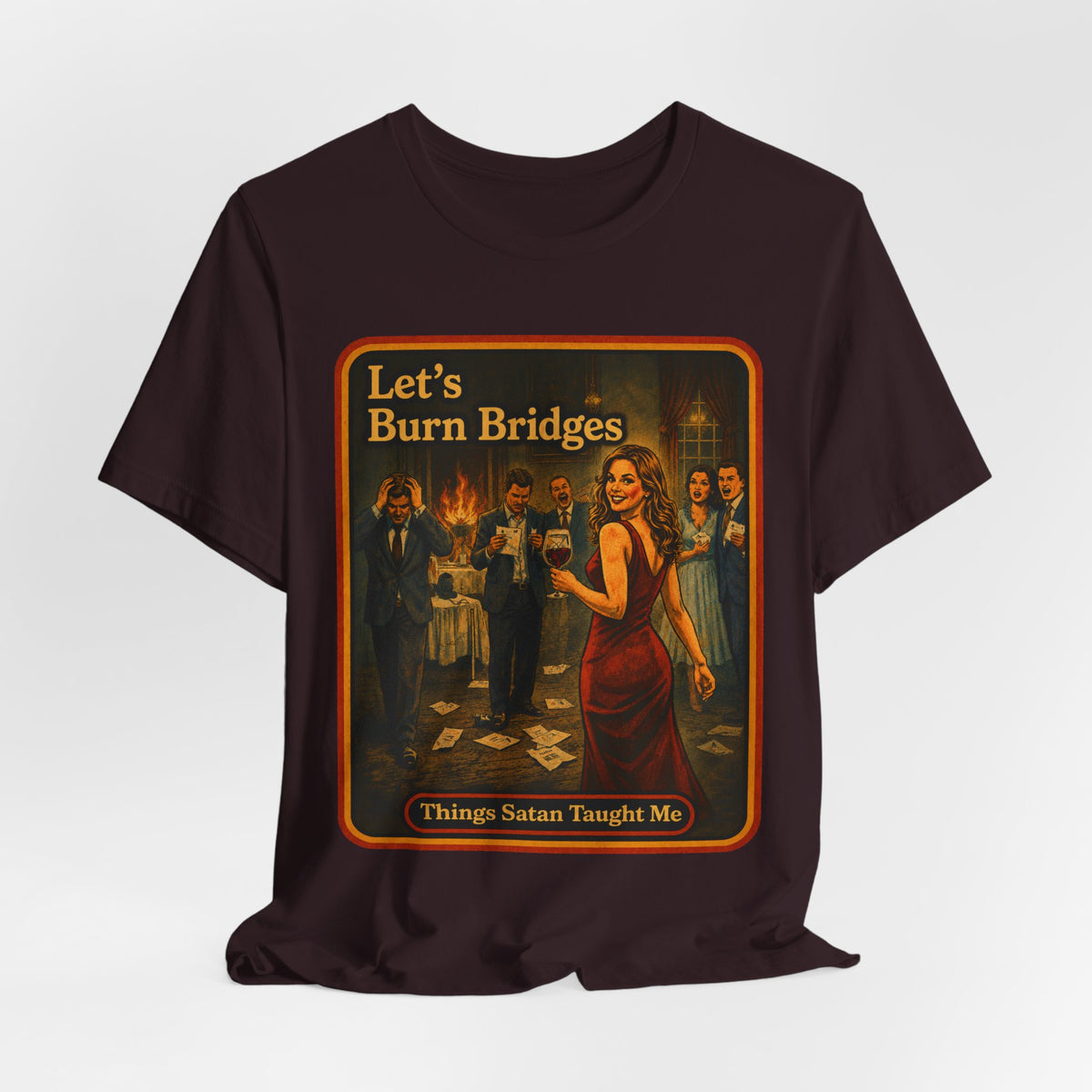 Let's Burn Bridges Unisex Tee in Oxblood Black, view 4