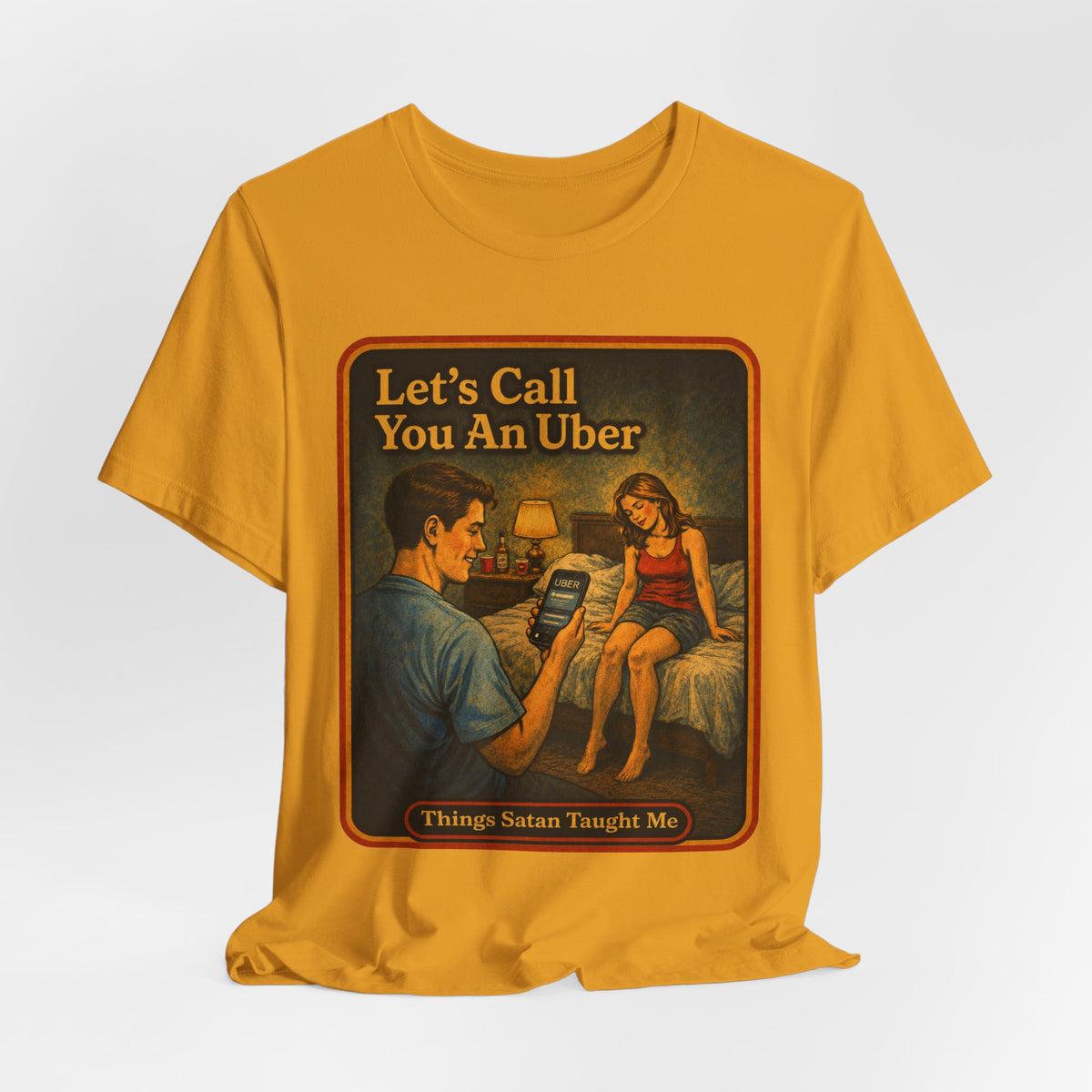 Let's Call You An Uber Unisex Tee in Mustard, view 4