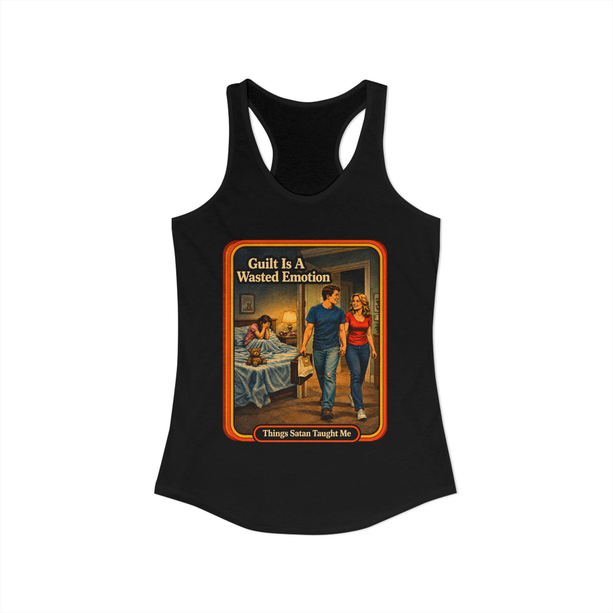 Guilt Is A Wasted Emotion Racerback Tank in Black, view 2