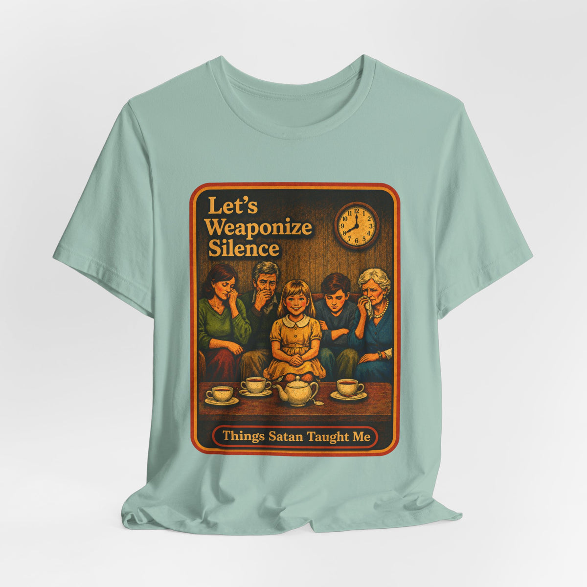 Let's Weaponize Silence Unisex Tee in Dusty Blue, view 4