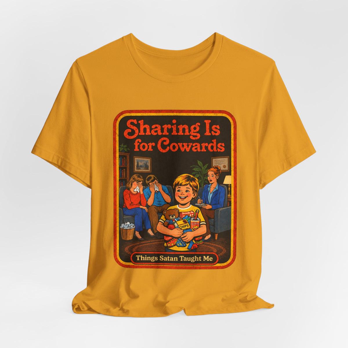 Sharing Is For Cowards Unisex Tee in Mustard, view 4