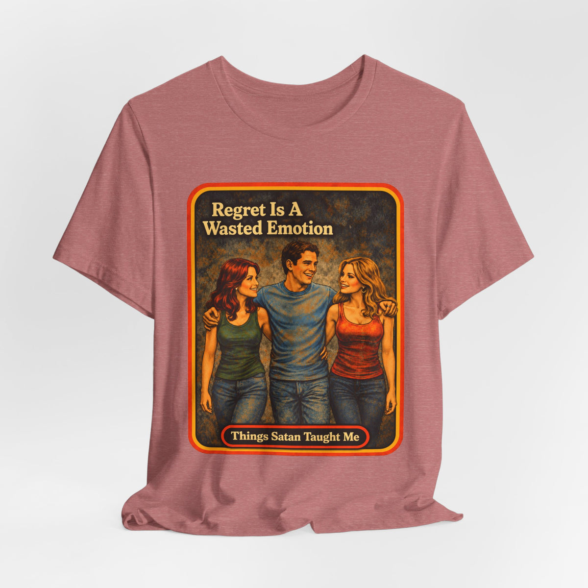Regret Is A Wasted Emotion Unisex Tee in Heather Mauve, view 4