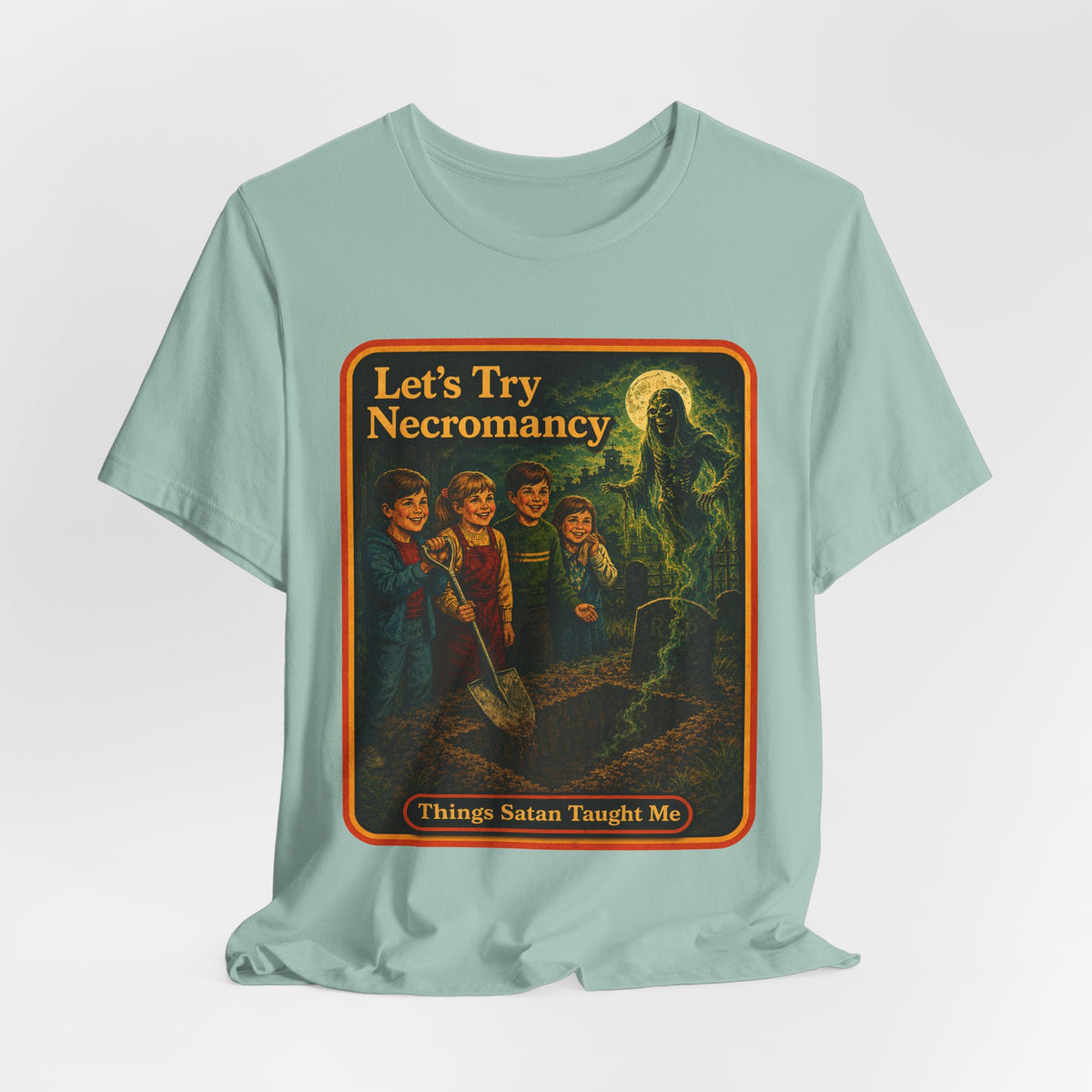 Let's Try Necromancy Unisex Tee in Dusty Blue, view 4