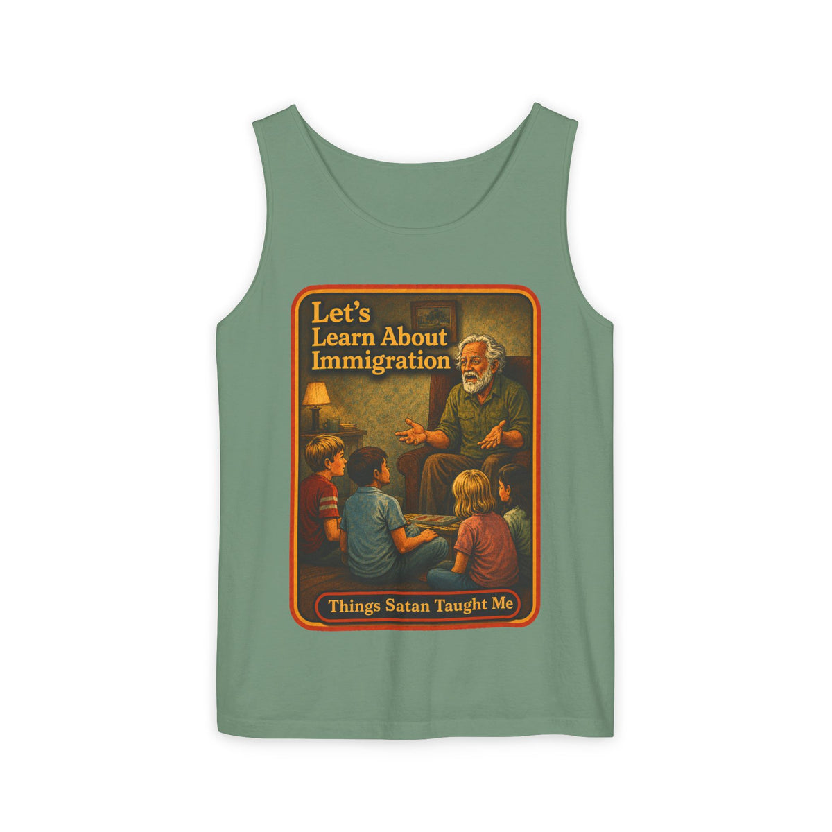 Let's Learn About Immigration Wife Beater in Light Green, front