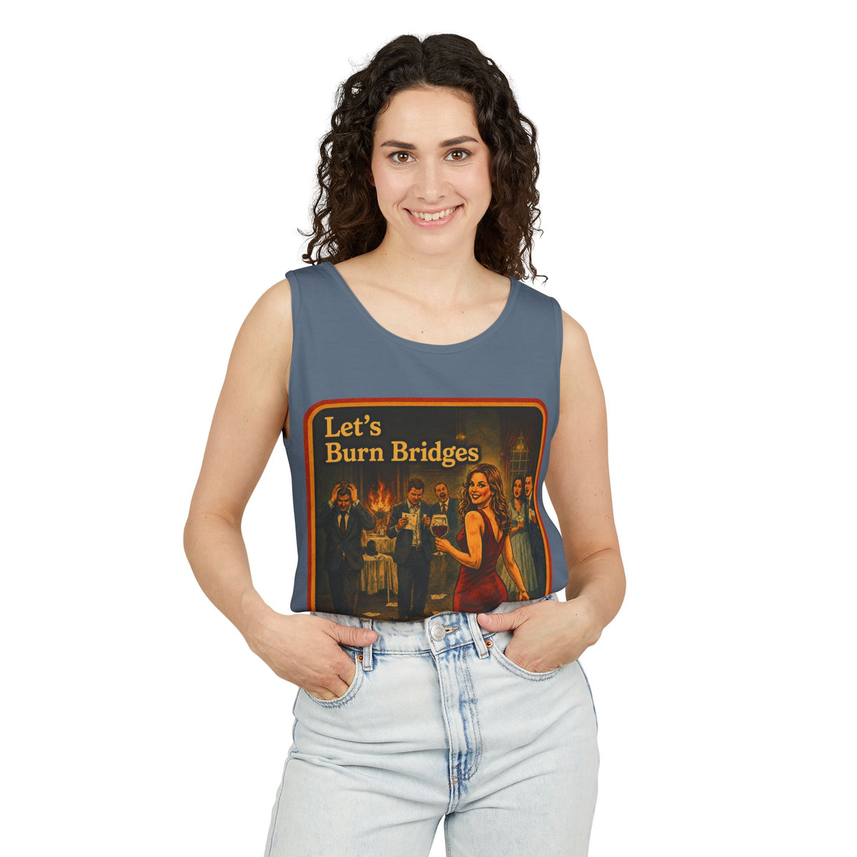 Let's Burn Bridges Wife Beater in Blue Jean, view 3