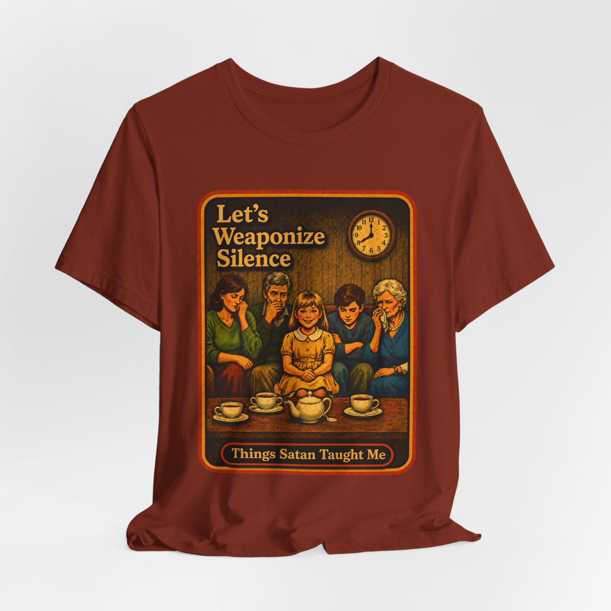 Let's Weaponize Silence Unisex Tee in Rust, view 4