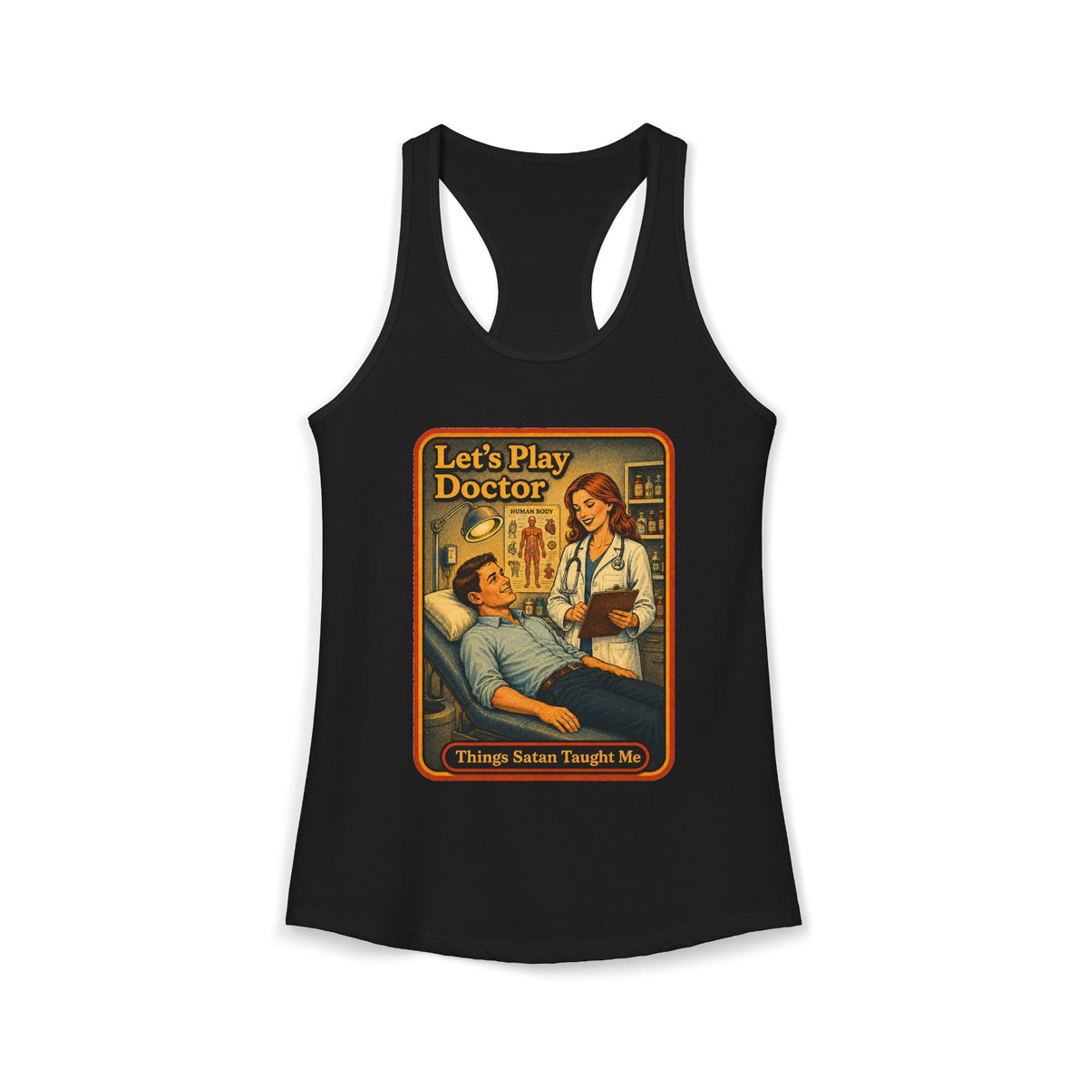Let's Play Doctor Racerback Tank in Black, front
