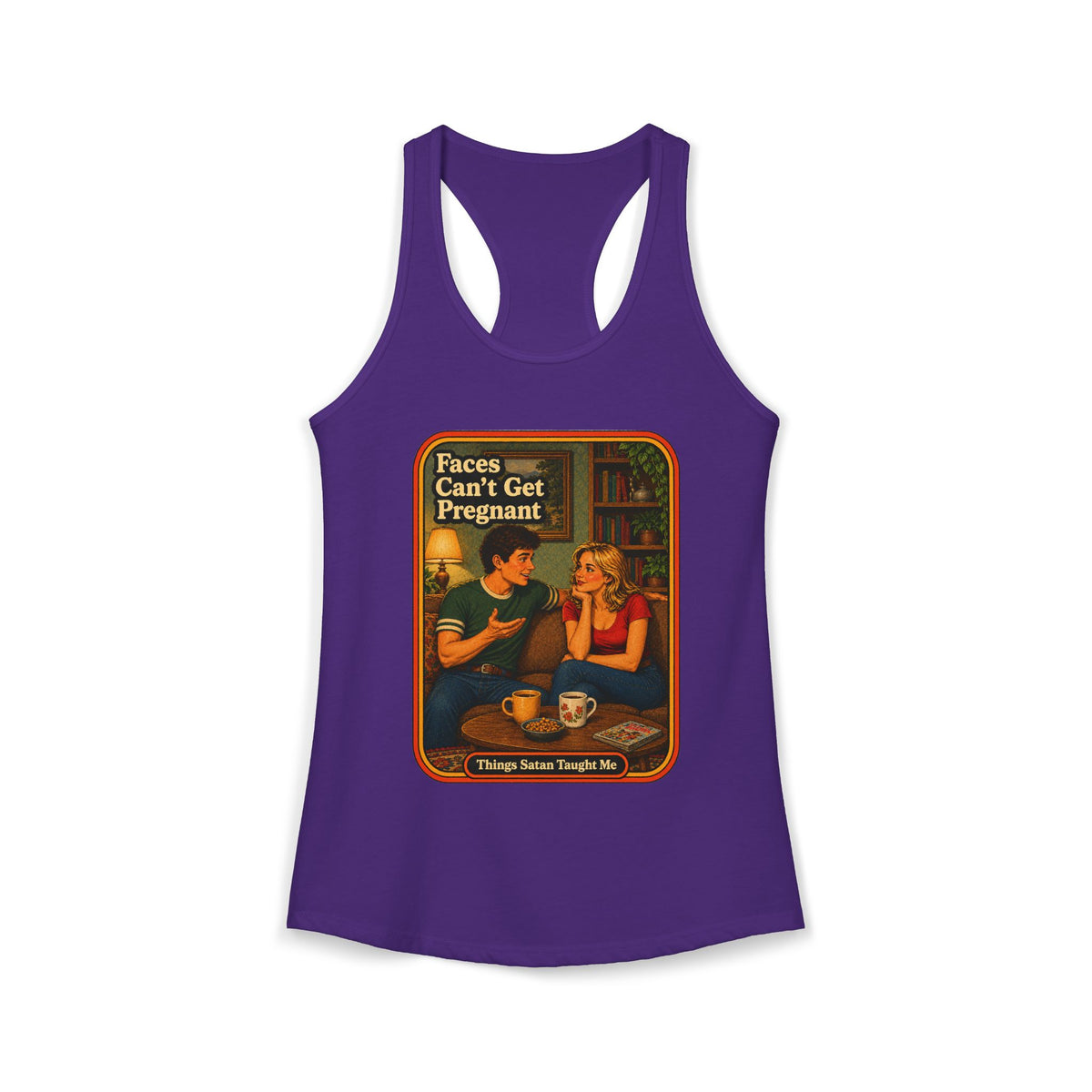 Faces Can't Get Pregnant Racerback Tank in Purple Rush, front