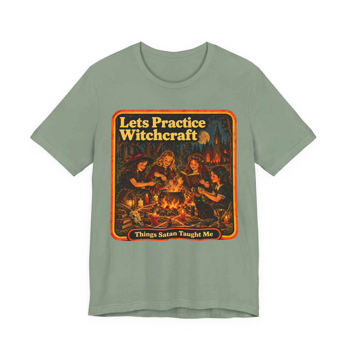 Let's Practice Witchcraft Unisex Tee in Sage, front