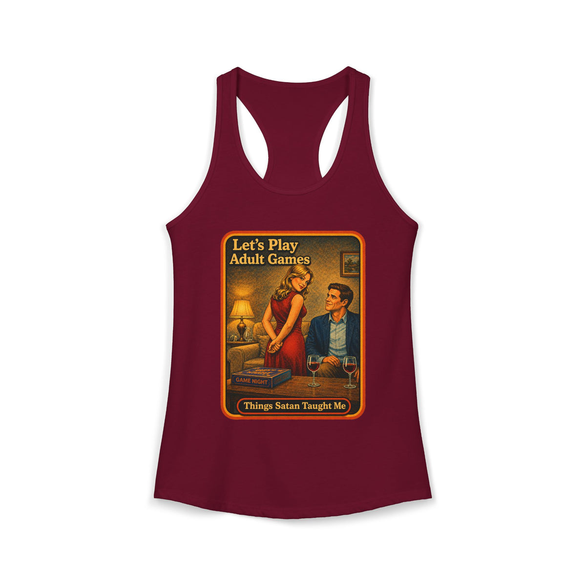 Let's Play Adult Games Racerback Tank in Cardinal Red, front