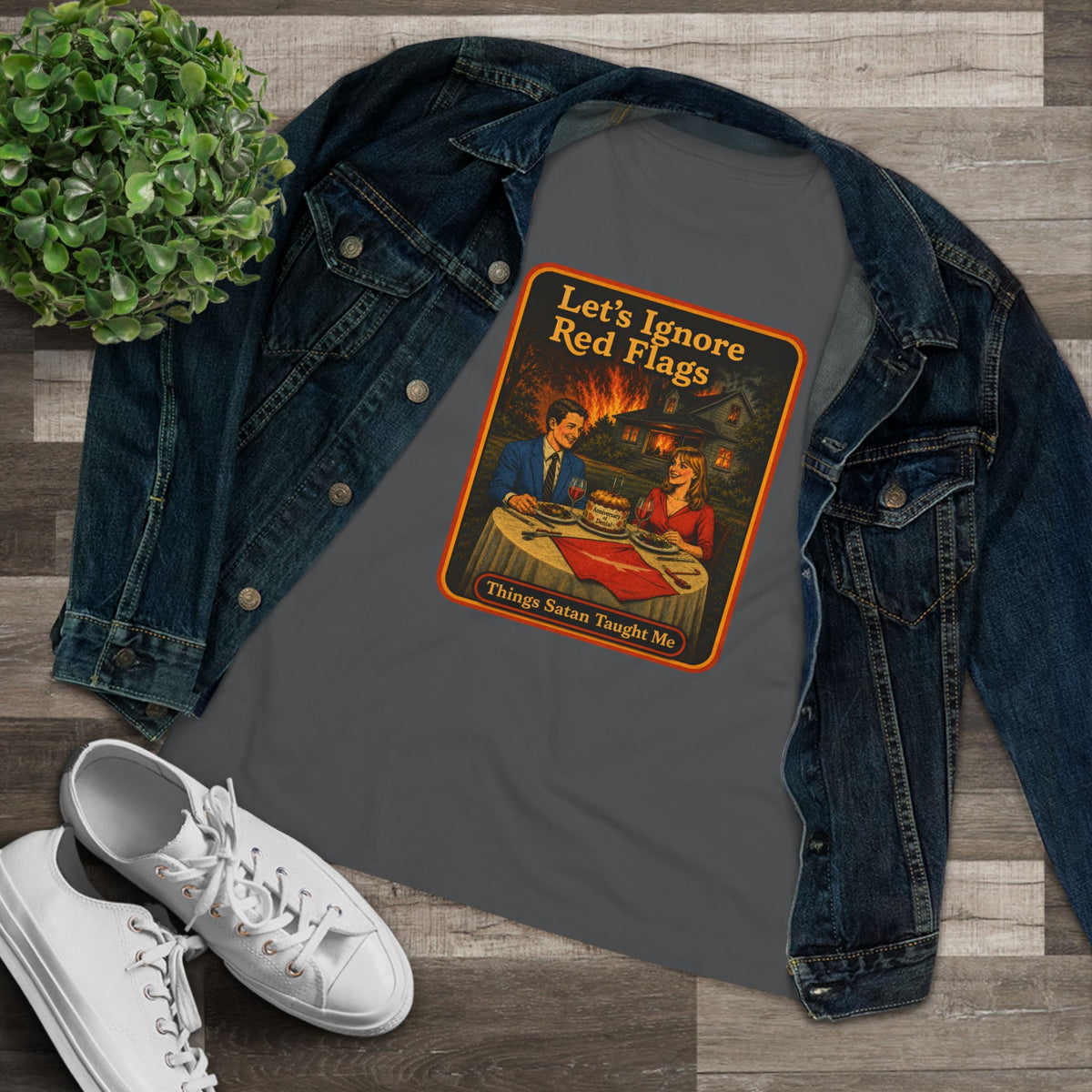 Let's Ignore Red Flags Women's Tee in Asphalt, view 3