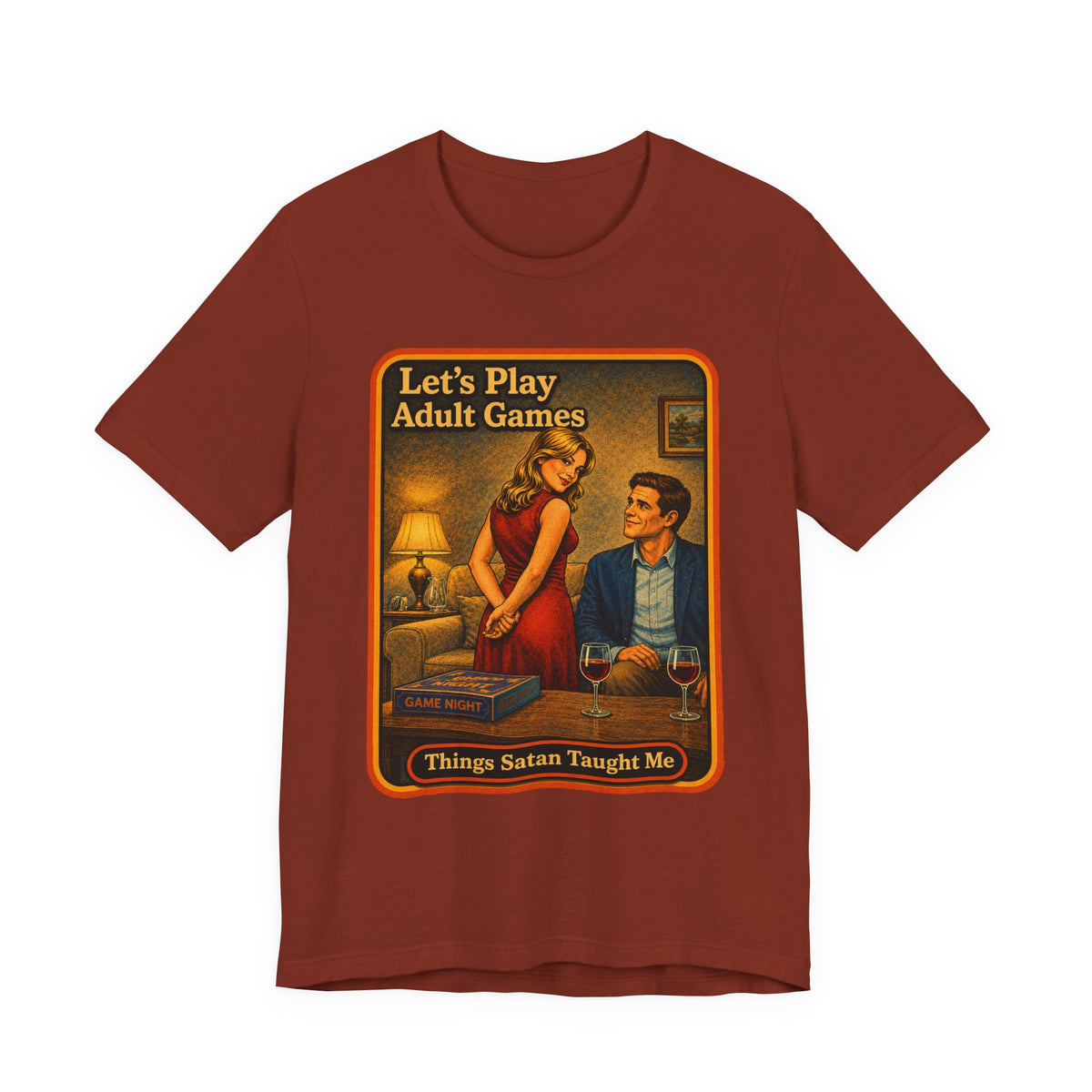 Let's Play Adult Games Unisex Tee in Rust, front