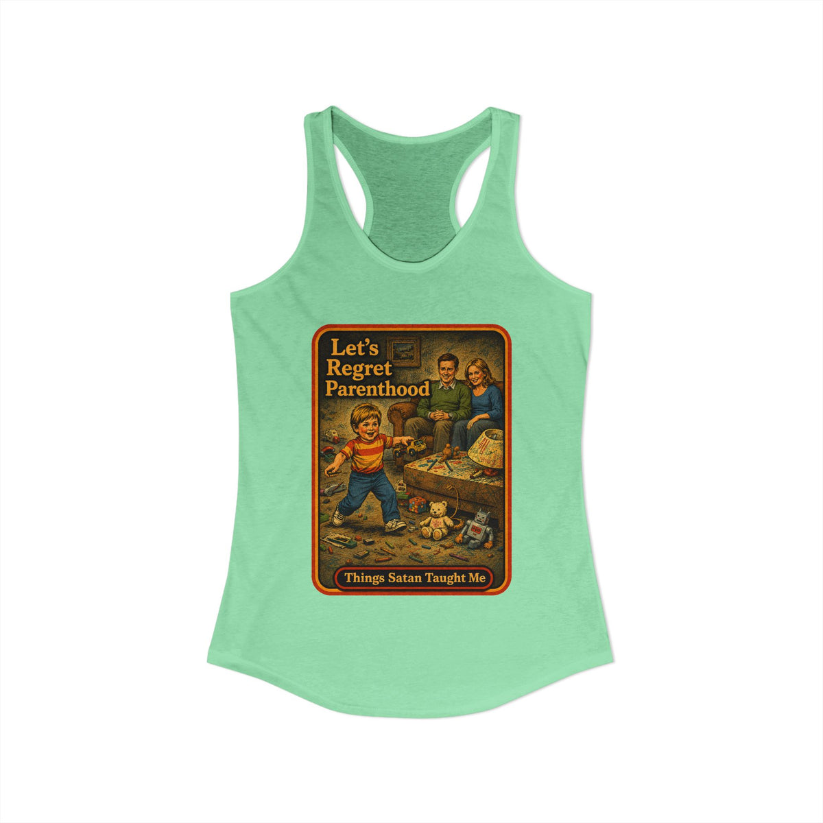 Let's Regret Parenthood Racerback Tank in Mint, view 2