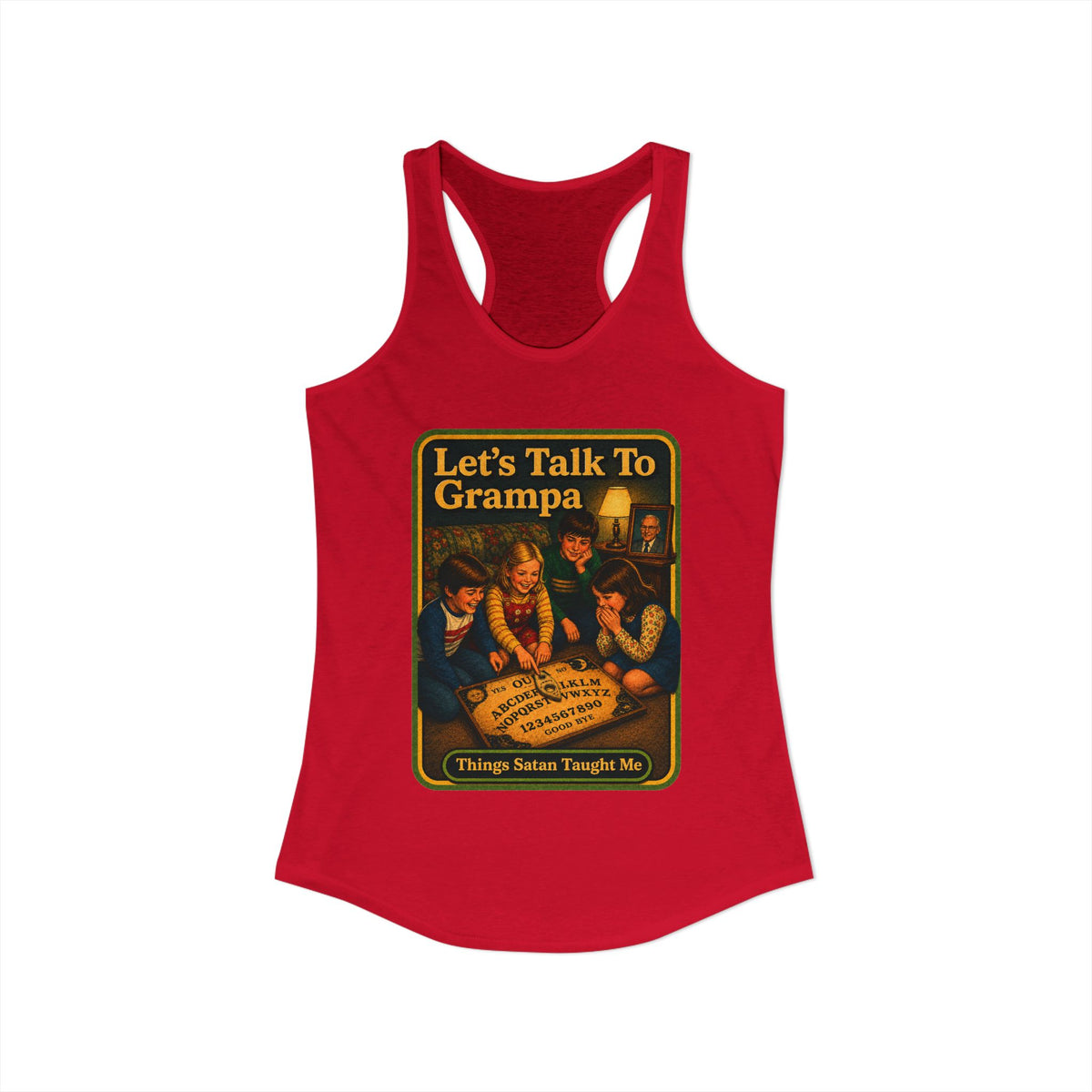 Let's Talk To Grampa Racerback Tank in Red, view 2
