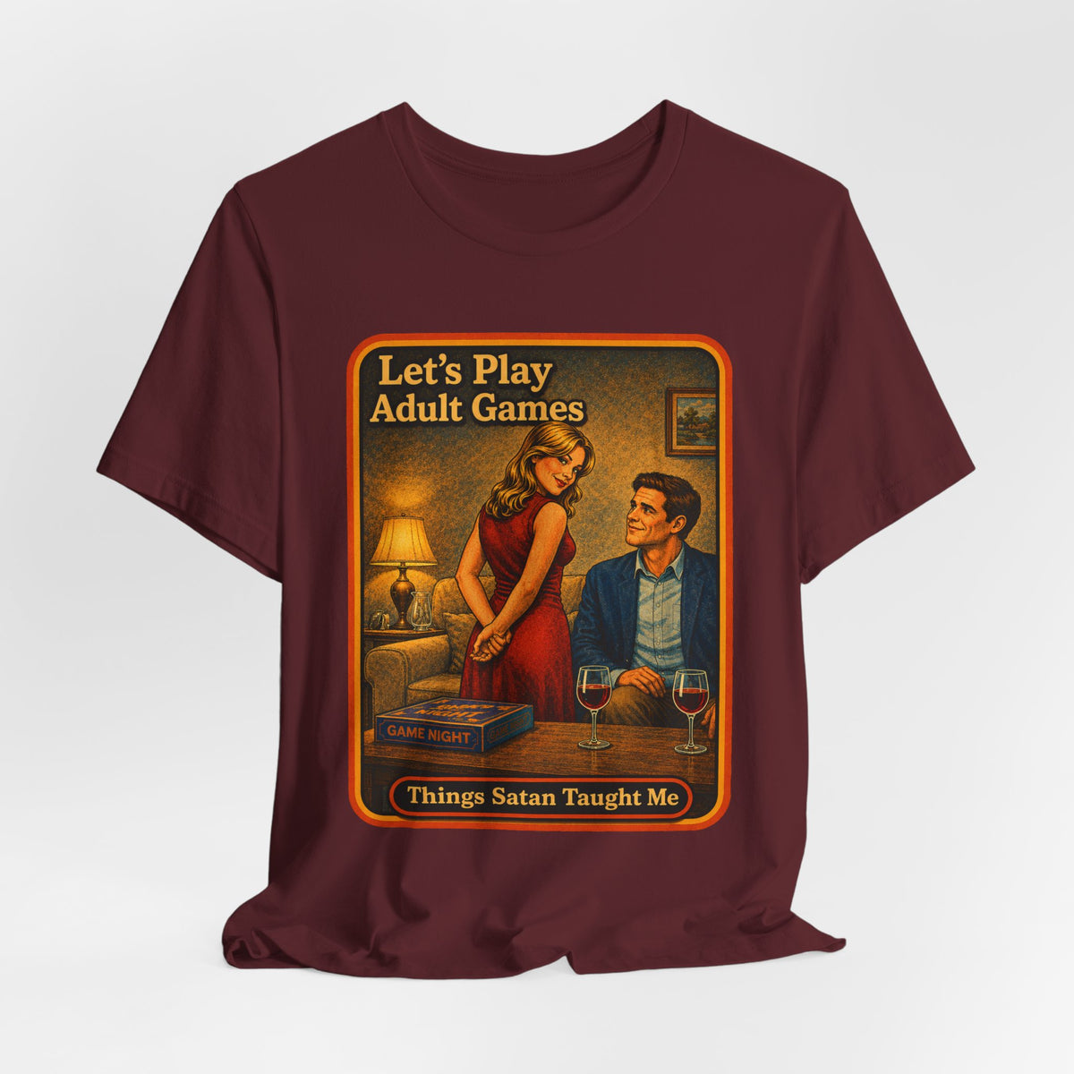 Let's Play Adult Games Unisex Tee in Maroon, view 4