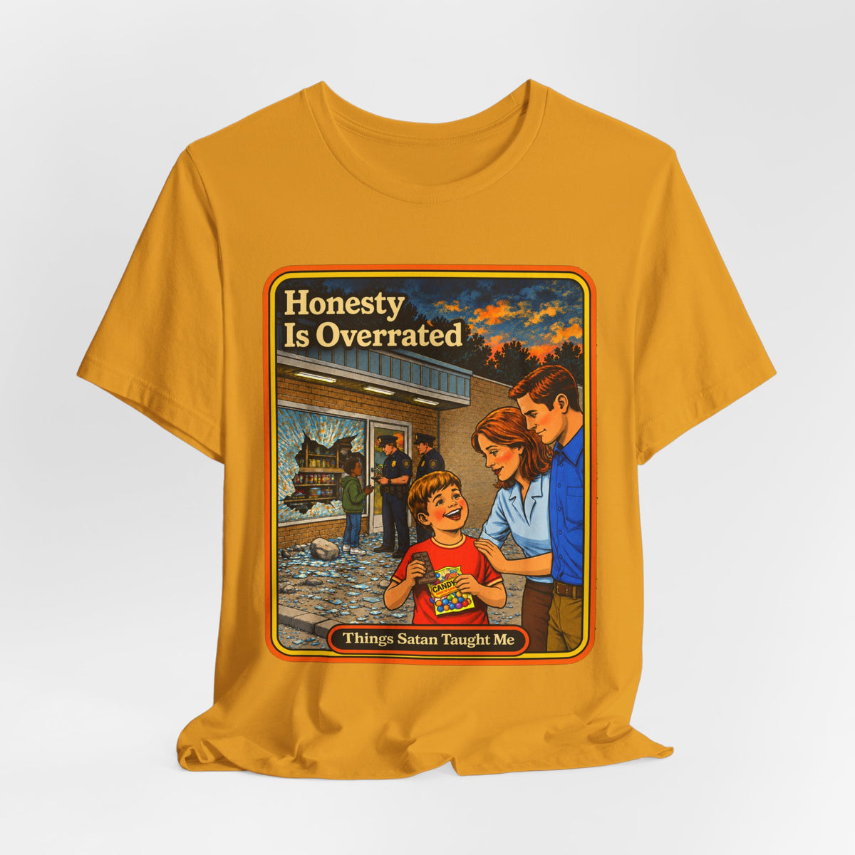 Honesty Is Overrated Unisex Tee in Mustard, view 4
