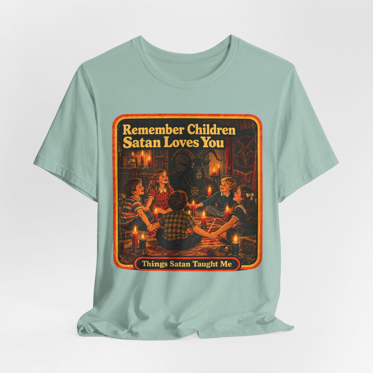 Remember Children. Satan Loves You Unisex Tee in Dusty Blue, view 4