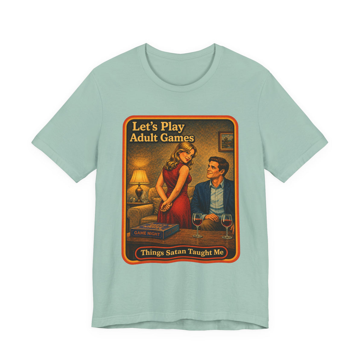 Let's Play Adult Games Unisex Tee in Dusty Blue, front