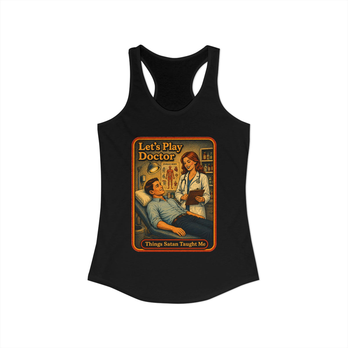 Let's Play Doctor Racerback Tank in Black, view 2