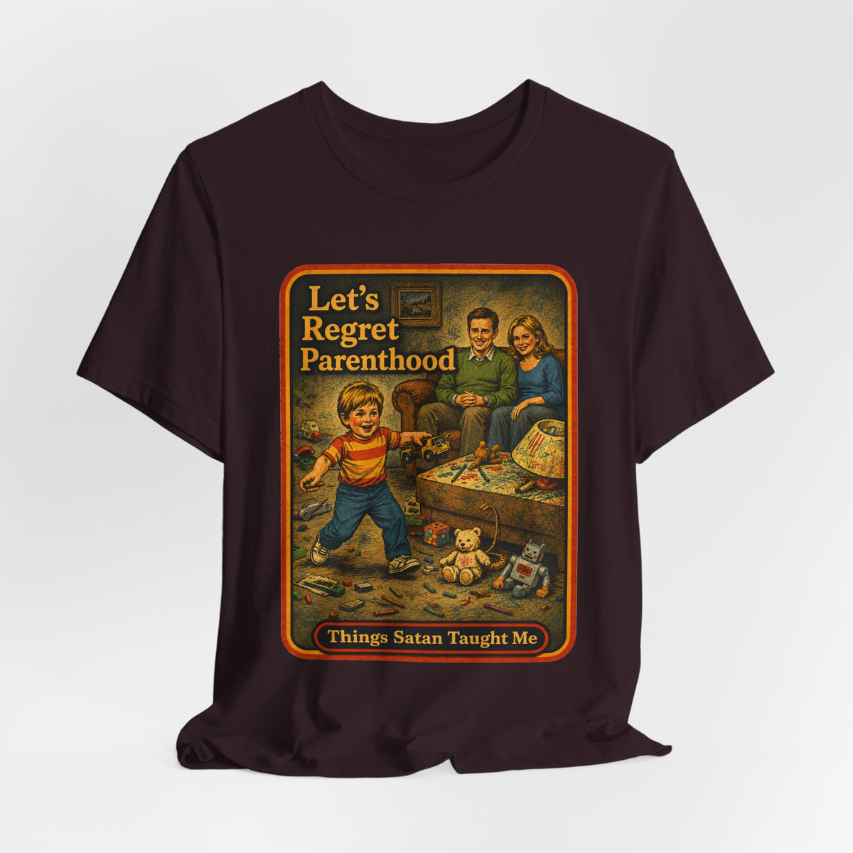 Let's Regret Parenthood Unisex Tee in Oxblood Black, view 4